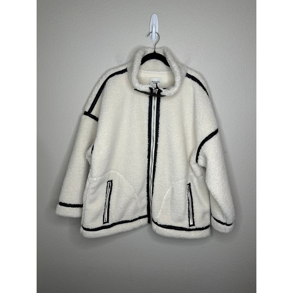 Abercrombie & Fitch Sherpa Fleece Jacket Womens XL Cream Black Contrast Aviator